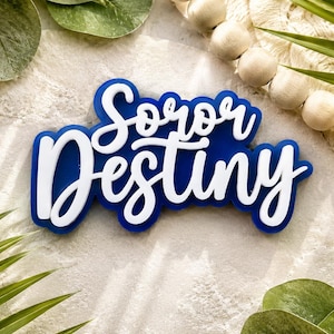 May include: A layered sign featuring the white script text Soror Destiny set against a solid dark blue background. The letters are raised and have a smooth finish, creating a dimensional effect with the white text standing out against the blue.