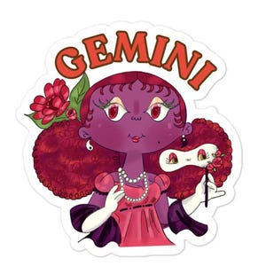 Puede incluir: Una pegatina con una ilustración de dibujos animados del signo zodiacal Géminis. El personaje tiene piel morada, cabello rizado rojo y lleva un vestido rosa y un collar de perlas. La palabra "GEMINI" está escrita en letras naranjas encima del personaje.
