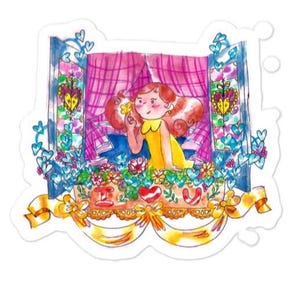Puede incluir: Una pegatina caprichosa con una ilustración de dibujos animados de una niña con un vestido amarillo mirando por una ventana. La ventana está decorada con corazones y flores, con cortinas rosas y un balcón floral. Borde blanco.