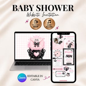Puede incluir: Una invitación digital para baby shower mostrada en una laptop y un teléfono inteligente. El diseño presenta un caldero negro con un sobre rosa, un lazo y corazones. La pantalla móvil muestra detalles del evento, una cuenta regresiva y un regalo.