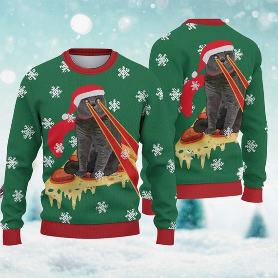 Drax Pizza Cat With Laser Eyes Ugly Christmas Sweater All Over - Etsy