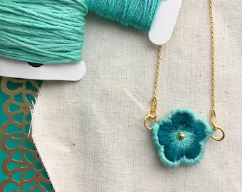 Embroidered Blue Turquoise Flower Necklace Jewellery Gold Plated Sterling Silver. Islamic Illumination.