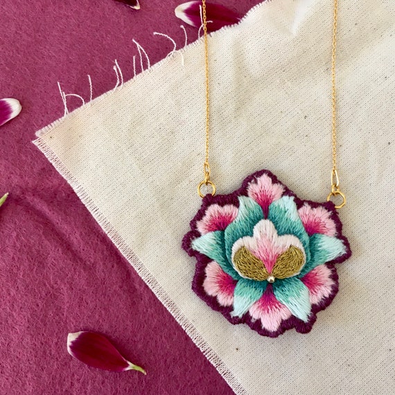 Embroidered Flower Necklace Jewellery Gold Plated Sterling Etsy