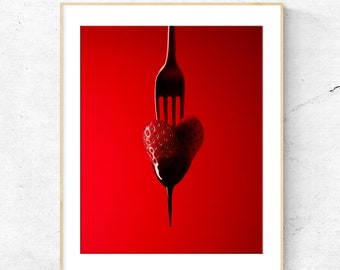 Strawberry Photo Print / Strawberry Wall Art / Strawberry Heart and Chocolate / Food Photography / Cafe Art / Kitchen Art / Restaurant Art