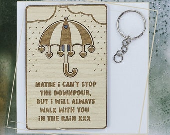 With You In The Rain | Pick Me Up Gift | Wooden Keychain | Thinking Of You | Sending A Hug | Bereavement Sympathy | Get Well Soon | Umbrella