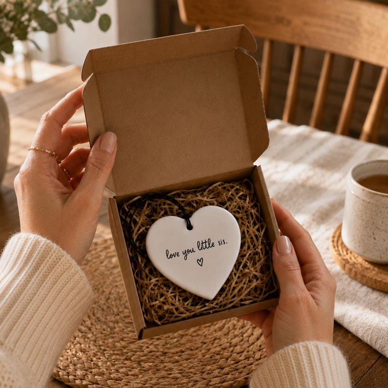 Puede incluir: Un adorno de cer&aacute;mica blanca en forma de coraz&oacute;n con un cordel negro, que presenta el texto impreso en negro "love you little sis." y un peque&ntilde;o icono de coraz&oacute;n. El adorno est&aacute; colocado dentro de una peque&ntilde;a caja de regalo de cart&oacute;n marr&oacute;n.