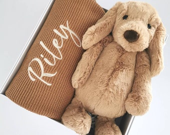 Jellycat Gift Set - Personalised 100% Cotton Knit Blanket with 30cm Jellycat Bashful Toffee Puppy