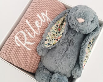Jellycat Gift Set - Personalised 100% Cotton Knit Blanket with 30cm Jellycat -