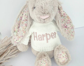 Personalised Jelllycat  Bashful Bunny Soft Toy with Personalised Jumper