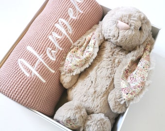 Jellycat Gift Set - Personalised 100% Cotton Knit Blanket with 30cm Jellycat