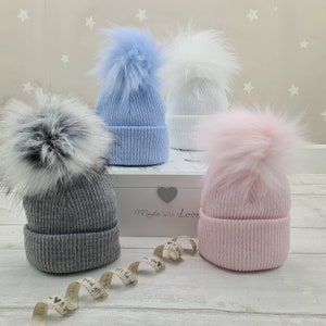 Personalised Baby Pom Pom Faux Fur Winter Hat Age 6-18mths Embroidered with Name / Baby Gift Ideas