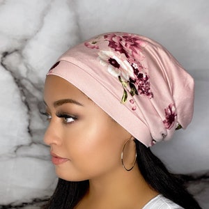 NEW! Satin Lined Beanie Bonnet - Pink Floral - Soft, Stylish, Easy To Put On - Gift For Her - FAST Shipping