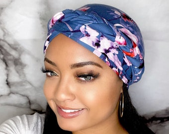 Head Wrap - Blue Floral - Turban - Stylish, Soft, Easy To Put On - Fast Shipping