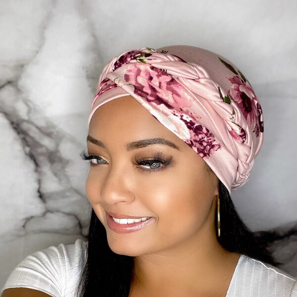 Head Wrap - Pink Floral - Turban - Stylish, Soft, Easy To Put On - Fast Shipping