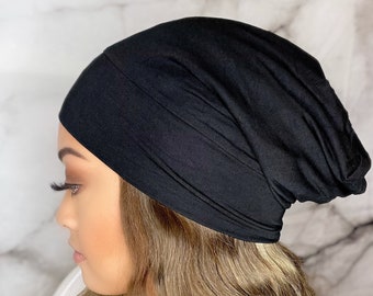 NEW! Satin Lined Beanie Bonnet - Black - Soft, Stylish, Easy To Put On - Gift For Her - FAST Shipping