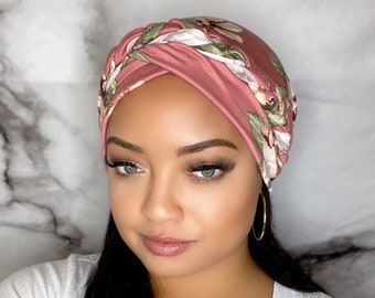 Head Wrap - Pink & Green Floral - Turban - Stylish, Soft, Easy To Put On - Fast Shipping