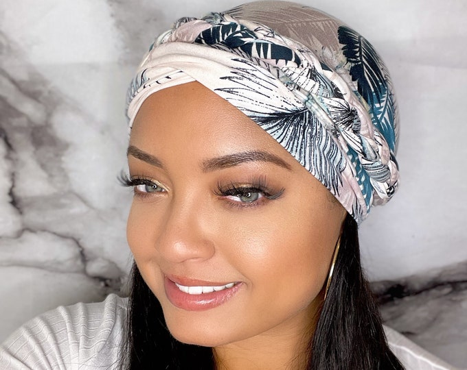 Head Wrap Blue & White Tropical Turban Stylish, Soft, Easy to Put on