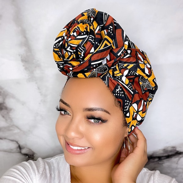 PRE-TIED Satin Lined African Flower Turbans - Multicolor - Headwrap - Fast Shipping - Gift For Her - Protective Hair Style Head Covering