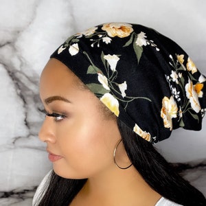 NEW! Satin Lined Beanie Bonnet - Black & Yellow Floral Print - Soft, Stylish, Easy To Put On - Gift For Her - FAST Shipping