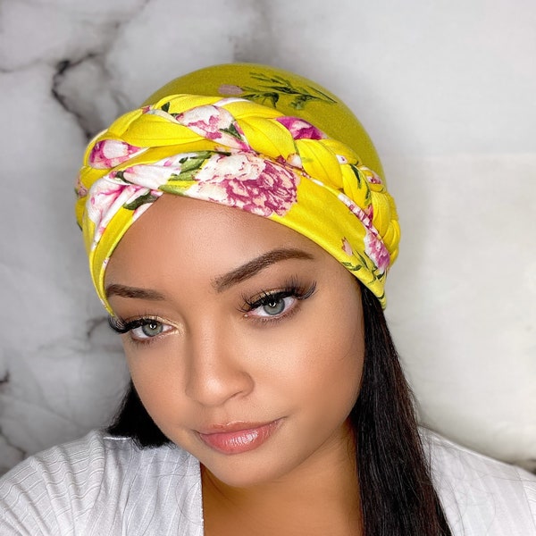 Head Wrap - Yellow & Pink Floral - Turban - Stylish, Soft, Easy To Put On - Fast Shipping
