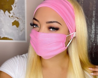Pink Headband with Buttons and Matching Mask! Reusable Washable Face Mask - Headband and Mask Sets - Nurse Headband - FAST Shipping