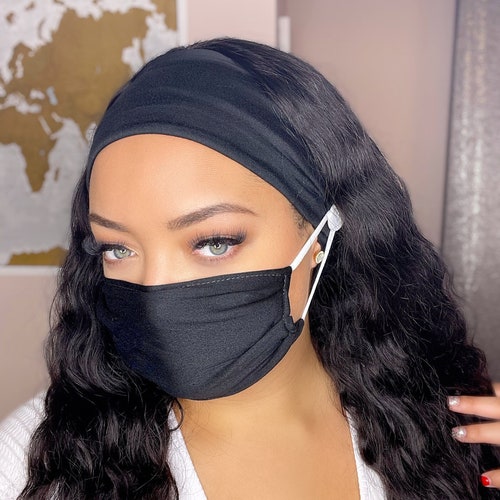 Headband With Buttons and Matching Mask Black/pink Floral Etsy