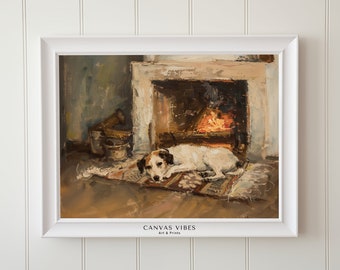 Vintage Foxhound Oil Painting Print: Cozy Fireplace Scene (Digital Download)
