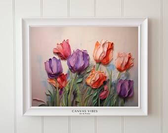 Dipinto di tulipani rossi e viola: arte floreale primaverile da parete (download digitale)