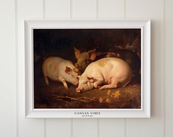 Vintage Pig Oil Painting: Farmhouse Animal Print (Digital Download)