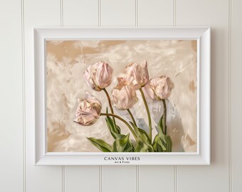 Pintura vintage de tulipas rosa - arte digital de parede - impressão de download instantâneo - decoração floral de parede
