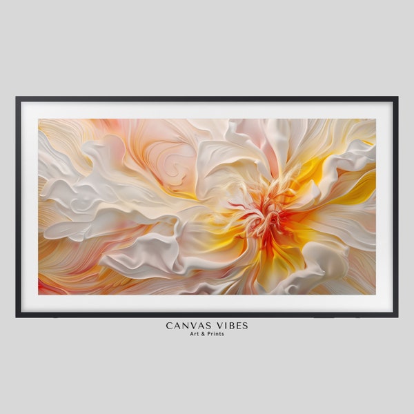 Vibrant Floral Samsung Frame TV Art - Abstract Flower Bliss, Lightorange & Gold, Organic Sculpting, Aerial Realism