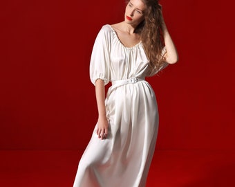 Aphrodite draped silk dress with a silk belt - oyster