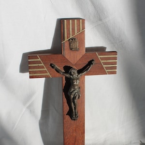 Vintage French Monastery Crucifix: Teak Wood Cross with Brass Inlay