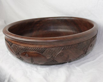 Large Wooden Bowl, Hand turned, African hard wood bowl decorated with fish, superb quality