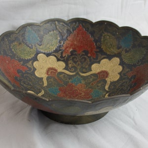 Indische Messing Metall Obstschale, sehr dekorative Vintage Schale mit goldenen und schwarzen Schnörkeln und Fächern, Boho Dekor