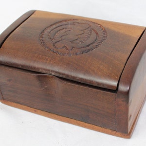 Trinket, Cigar or Cigarette Box;  Beautifully finished hard wood box, with carved and hinged top.