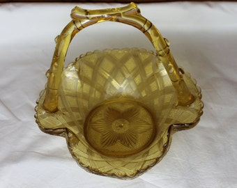 Bon Bon Dish in the form of a Yellow/ Ochre Glass Basket, Highly decorative Vintage Glass Bowl