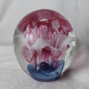 Large Glass Paperweight; Vintage controlled bubble pink and purple paperweight, extremely beautiful and collectible.