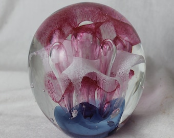 Large Glass Paperweight; Vintage controlled bubble pink and purple paperweight, extremely beautiful and collectible.