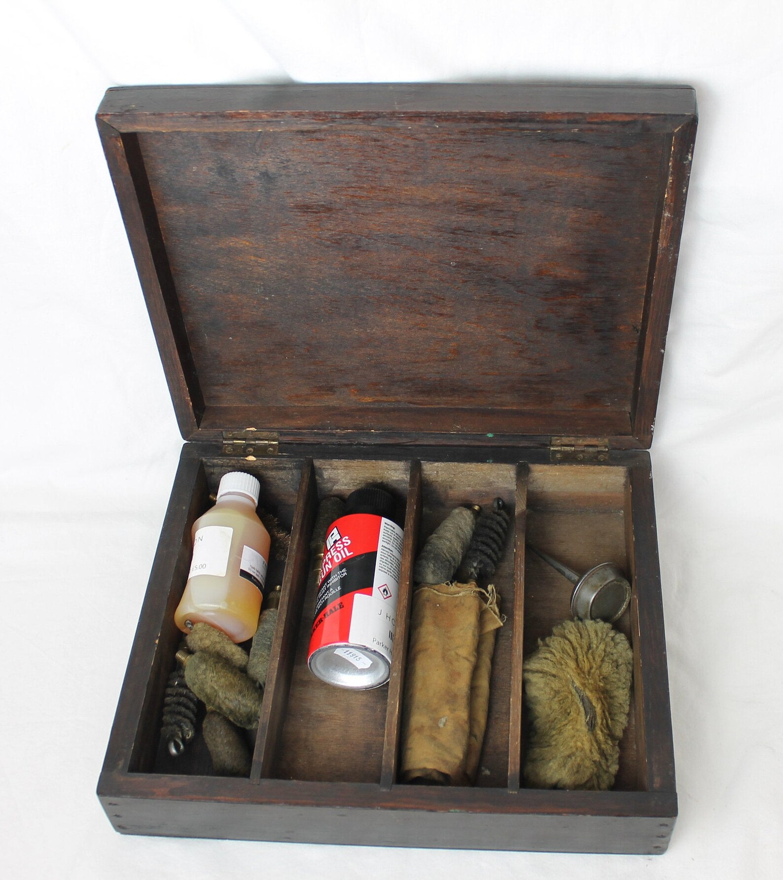 Gun Cleaning set in a vintage wooden box with set of rods. Etsy