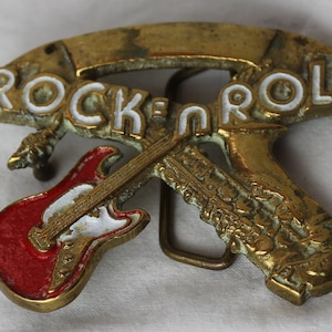 Rock and Roll belt buckle, Vintage solid brass buckle with crossed guitar and saxophone, excellent quality