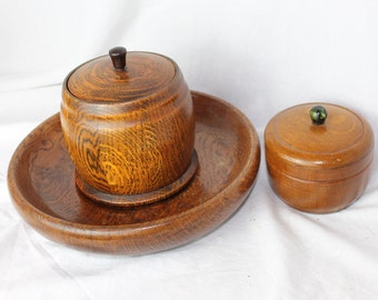 Oak Tea Caddy, sugar bowl and stand, Vintage Wooden Tea canister, tea storage with lead lining and lid
