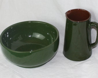 Vintage Bowl and Jug; Ceramic Green and Brown Jug or Pitcher, one pint, made in England