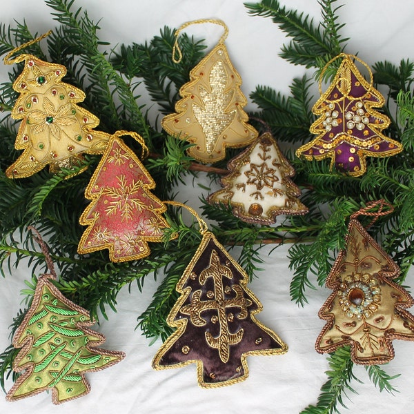 Hand Embroidered Christmas Tree Decorations; Exquisitely hand made Christmas tree shapes embroidered with gold thread and beads 6 variations