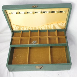 Jewellery / Jewelry box; large vintage green leather case with key and gold velvet interior.