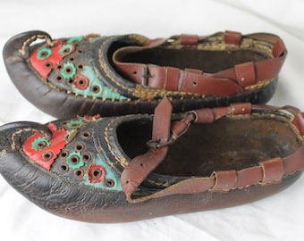 Pair of Traditional leather Moccasins, Persian or East European, Vintage hand made, traditional shoes.