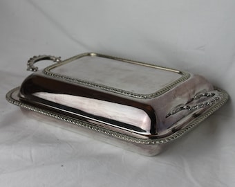 Silver Plate Serving dish, Vintage Lidded Tureen, Rectangular Silver Plated Serving Platter with glass insert.