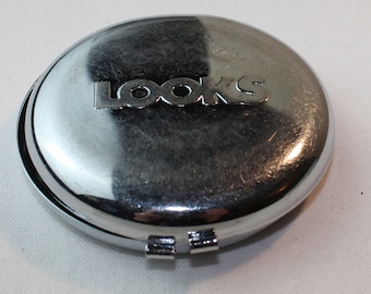 Miroir de poche; Looks vintage Silver ton compact, circulaire.