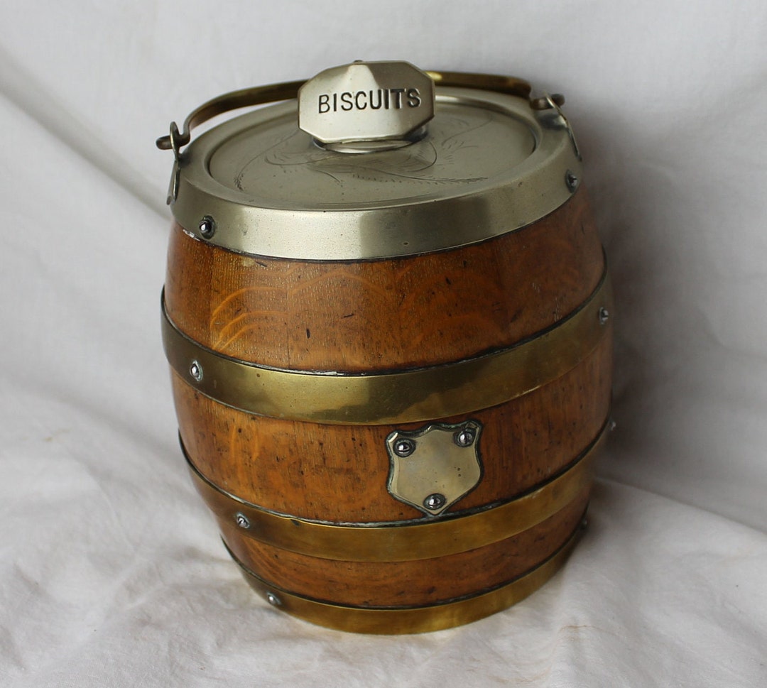 Wooden Biscuit Barrel Vintage Barrel With Brass Bands Handle Etsy