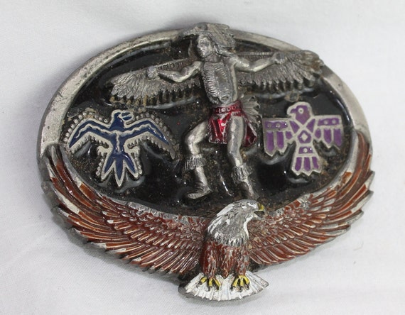 Vintage Eagle Man Oval Belt Buckle: American Indian Style  display picture 2